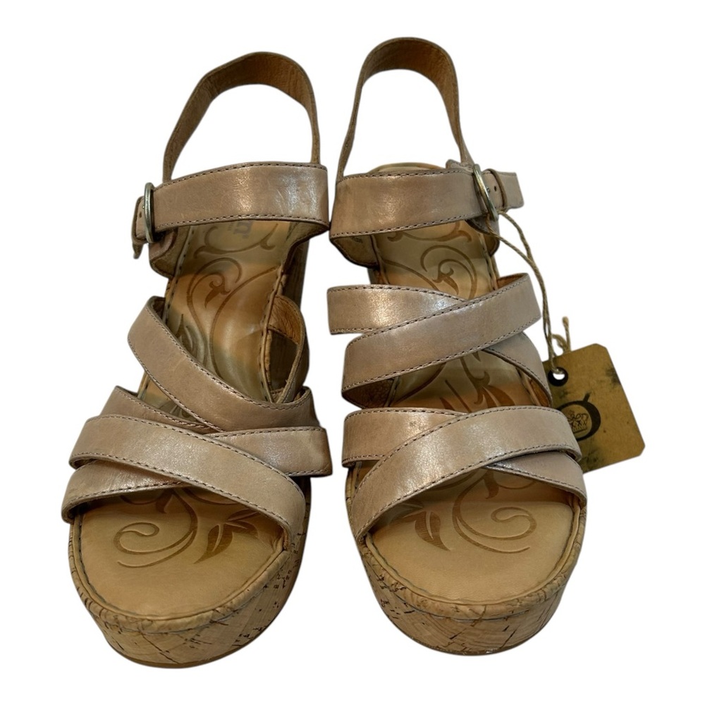 Born Sandals Wedges Strappy Heels Size 10 M Handcrafted Leather Cork Beige
